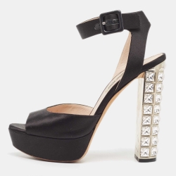 Miu Miu Black Satin Ankle Strap Crystal Heel Sandals Size 38