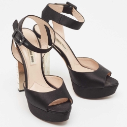 Miu Miu Black Satin Ankle Strap Crystal Heel Sandals Size 38