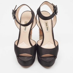 Miu Miu Black Satin Ankle Strap Crystal Heel Sandals Size 38