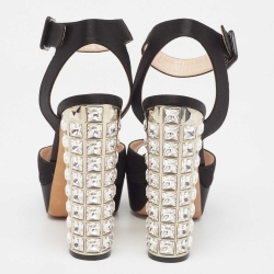 Miu Miu Black Satin Ankle Strap Crystal Heel Sandals Size 38