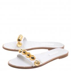 Miu Miu White Studded Leather Flat Slides Size 36.5