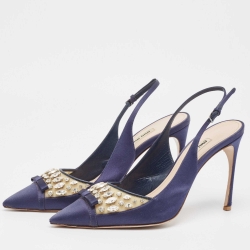 Pre Owned Miu Miu Navy Blue Satin and PVC Crystal Embellished Slingback Pumps Size 40