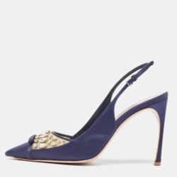 Pre Owned Miu Miu Navy Blue Satin and PVC Crystal Embellished Slingback Pumps Size 40