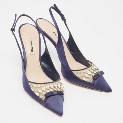 Pre Owned Miu Miu Navy Blue Satin and PVC Crystal Embellished Slingback Pumps Size 40