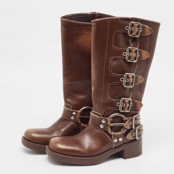 Pre Owned Miu Miu Brown Leather Buckle Knee Length Boots Size 36