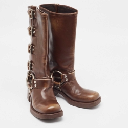 Pre Owned Miu Miu Brown Leather Buckle Knee Length Boots Size 36