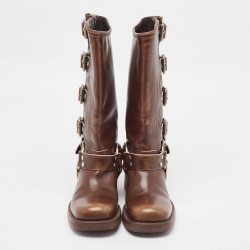Pre Owned Miu Miu Brown Leather Buckle Knee Length Boots Size 36