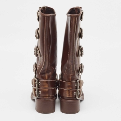 Pre Owned Miu Miu Brown Leather Buckle Knee Length Boots Size 36