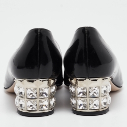 Pre Owned Miu Miu Black Patent Leather Crystals Heel Peep Toe Pumps Size 36