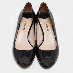 Pre Owned Miu Miu Black Patent Leather Crystals Heel Peep Toe Pumps Size 36