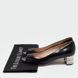 Pre Owned Miu Miu Black Patent Leather Crystals Heel Peep Toe Pumps Size 36