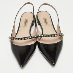 مملوكة مسبقًا Miu Miu Black Patent Leather Crystal Embellished Slingback Flats Size 40.5