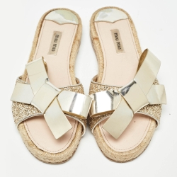 Miu Miu Metallic Gold Leather Bow Flat Slides Size 38.5  