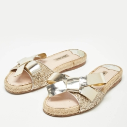 Miu Miu Metallic Gold Leather Bow Flat Slides Size 38.5  
