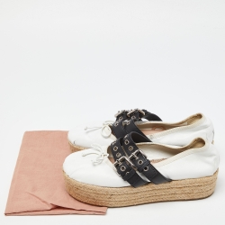 Pre Owned Miu Miu White/Black Leather Mary Jane Bow Platform Espadrille Ballet Flats Size 38