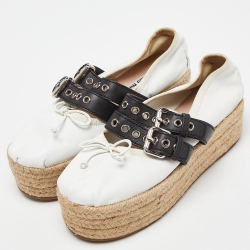 Pre Owned Miu Miu White/Black Leather Mary Jane Bow Platform Espadrille Ballet Flats Size 38