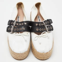 Pre Owned Miu Miu White/Black Leather Mary Jane Bow Platform Espadrille Ballet Flats Size 38