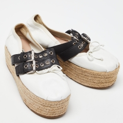 Pre Owned Miu Miu White/Black Leather Mary Jane Bow Platform Espadrille Ballet Flats Size 38