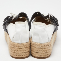 Pre Owned Miu Miu White/Black Leather Mary Jane Bow Platform Espadrille Ballet Flats Size 38