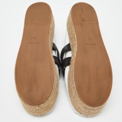 Pre Owned Miu Miu White/Black Leather Mary Jane Bow Platform Espadrille Ballet Flats Size 38