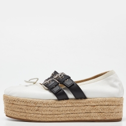 Pre Owned Miu Miu White/Black Leather Mary Jane Bow Platform Espadrille Ballet Flats Size 38