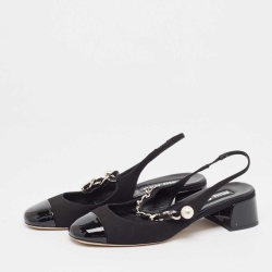 Pre Owned Miu Miu Black Canvas and Patent Leather Chain Detail Slingback Pumps Size 39