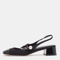 Pre Owned Miu Miu Black Canvas and Patent Leather Chain Detail Slingback Pumps Size 39