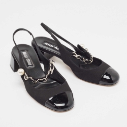Pre Owned Miu Miu Black Canvas and Patent Leather Chain Detail Slingback Pumps Size 39