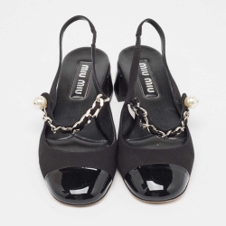 Pre Owned Miu Miu Black Canvas and Patent Leather Chain Detail Slingback Pumps Size 39