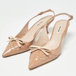 Miu Miu Beige Brogue Patent Leather Bow Slingback Pumps Size 40