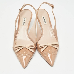 Miu Miu Beige Brogue Patent Leather Bow Slingback Pumps Size 40