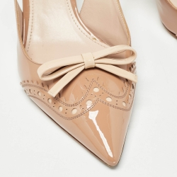 Miu Miu Beige Brogue Patent Leather Bow Slingback Pumps Size 40