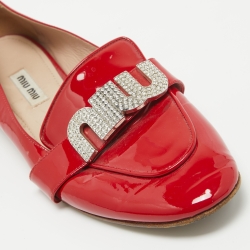 Pre Owned Miu Miu Red Patent Leather Crystal Embellished Logo Slip On Loafers Size 37.5