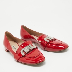 Pre Owned Miu Miu Red Patent Leather Crystal Embellished Logo Slip On Loafers Size 37.5