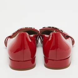 Pre Owned Miu Miu Red Patent Leather Crystal Embellished Logo Slip On Loafers Size 37.5