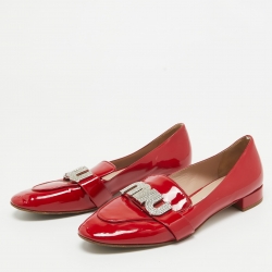 Pre Owned Miu Miu Red Patent Leather Crystal Embellished Logo Slip On Loafers Size 37.5