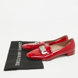 Pre Owned Miu Miu Red Patent Leather Crystal Embellished Logo Slip On Loafers Size 37.5