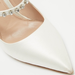 Pre Owned Miu Miu White Satin Crystal Embellished Slingback Pumps Size 38.5
