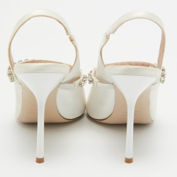 Pre Owned Miu Miu White Satin Crystal Embellished Slingback Pumps Size 38.5