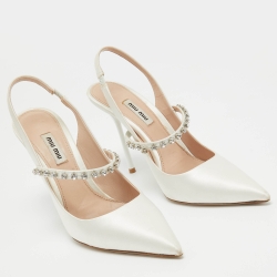Pre Owned Miu Miu White Satin Crystal Embellished Slingback Pumps Size 38.5