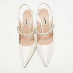 Pre Owned Miu Miu White Satin Crystal Embellished Slingback Pumps Size 38.5