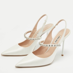 Pre Owned Miu Miu White Satin Crystal Embellished Slingback Pumps Size 38.5