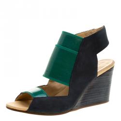 MM6 Maison Margiela Blue/Green Leather and Coated Elastic Fabric Wedge Sandals Size 36