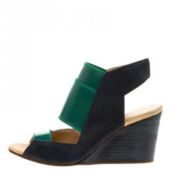 MM6 Maison Margiela Blue/Green Leather and Coated Elastic Fabric Wedge Sandals Size 36