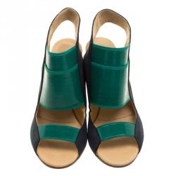MM6 Maison Margiela Blue/Green Leather and Coated Elastic Fabric Wedge Sandals Size 36