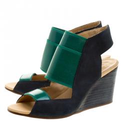 MM6 Maison Margiela Blue/Green Leather and Coated Elastic Fabric Wedge Sandals Size 36
