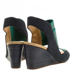 MM6 Maison Margiela Blue/Green Leather and Coated Elastic Fabric Wedge Sandals Size 36