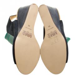MM6 Maison Margiela Blue/Green Leather and Coated Elastic Fabric Wedge Sandals Size 36
