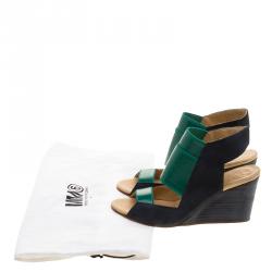 MM6 Maison Margiela Blue/Green Leather and Coated Elastic Fabric Wedge Sandals Size 36