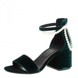 MM6 Maison Margiela Dark Green Velvet Faux Pearl Embellished Ankle Strap Sandals Size 38.5